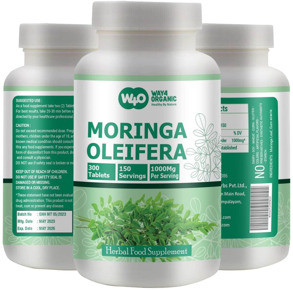 Moringa Leaf Powder Capsules (Tabletter) - 300 piller, 150 portioner, 1000 mg (1 Pack)