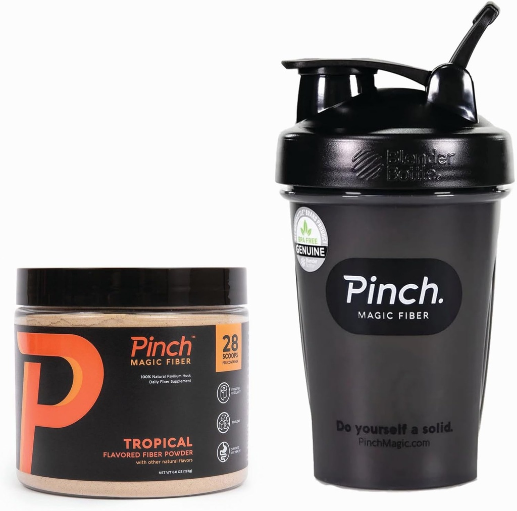 Pinch Magic Fiber & Shaker Combo | Prebiotic Fiber Supplement för Digestive Health, Keto, Vegan, Sugar-Free | Inkluderar BPA-Free Shaker för Smooth Mixing & Travel | USA-Made | 28-dagars leverans | 20 oz