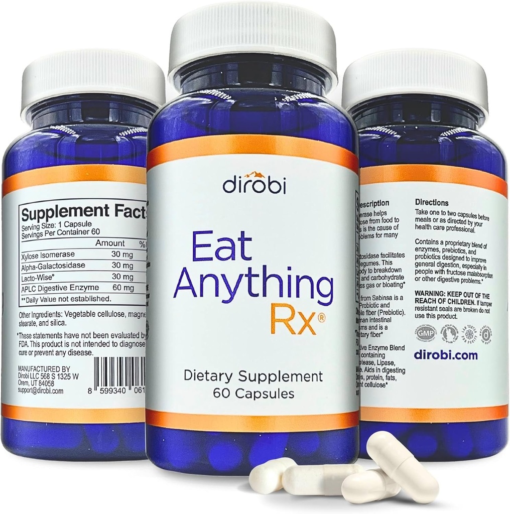 Dirobi äter allt Xylose Isomerase Fructose Malabsorption Enzymes, FODMAP Supplement, Digestive Enzymes for Better Lactose, Fat, Protein & Carbohydrate Digestion Gas & Bloating Relief 60 kapslar