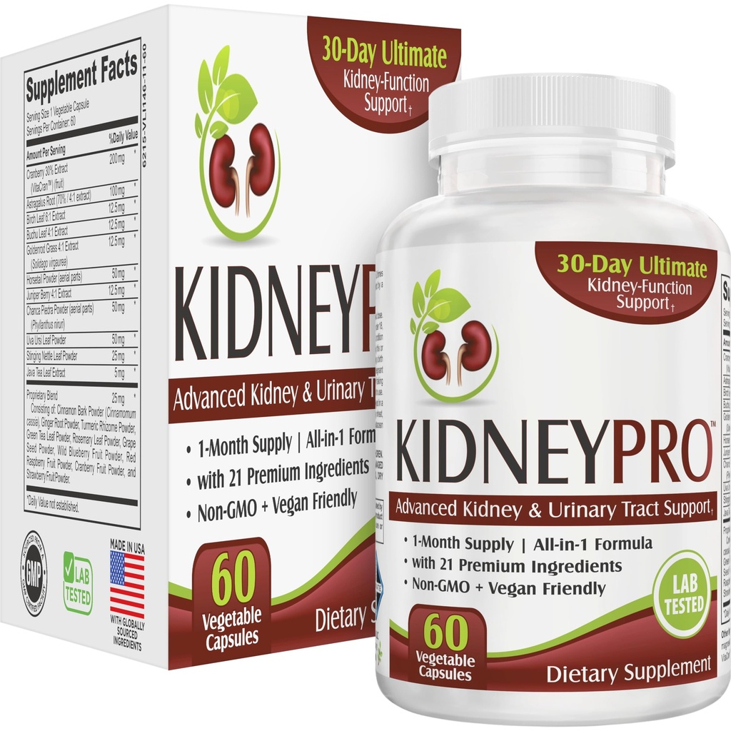 Njurproducerad med 21 Njurhälsotillskott | All-in-1 Formel | Njurar & Urinary Tract Supplement | Daglig rengöring & Detox Support | 1-månaders leverans | 60 kapslar