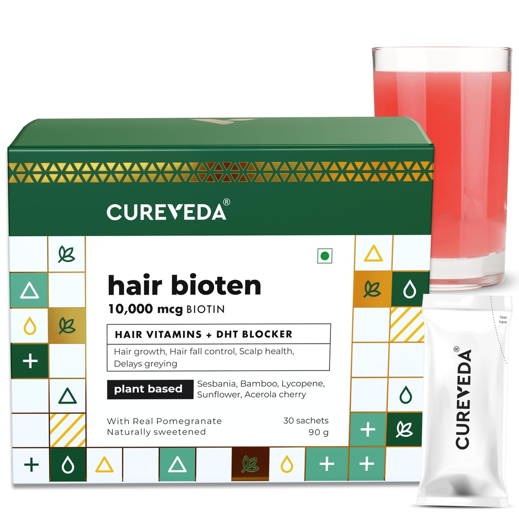 Cureveda Curveda Grow Plant Based Biotin 10000 Mcg Powder Supplement för Unisex, Fördelar Hälsosamt hårbotten och hårtillväxt, No Added Sugar, Natural Pomegranate Flavour 150 g (Pack of 1) Grow-1