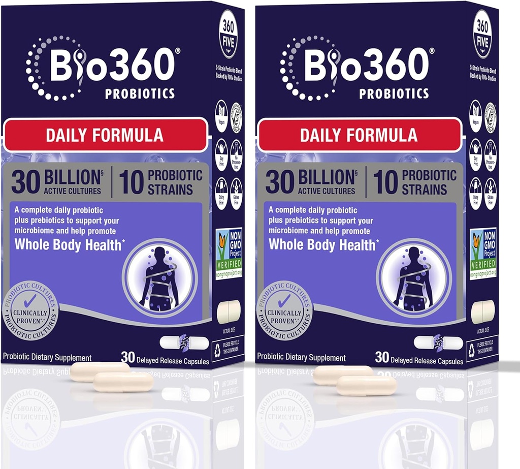 Bio360 Adult Daily Probiotic Supplement for Women & Men, 30 miljardia PMY, 10 kanta, Organic Prebiotic Fibers, Ruoansulatus-ja immuuniterveys, satunnainen ummetus, ripuli & turvotus, 30CT (2 pakkaus)