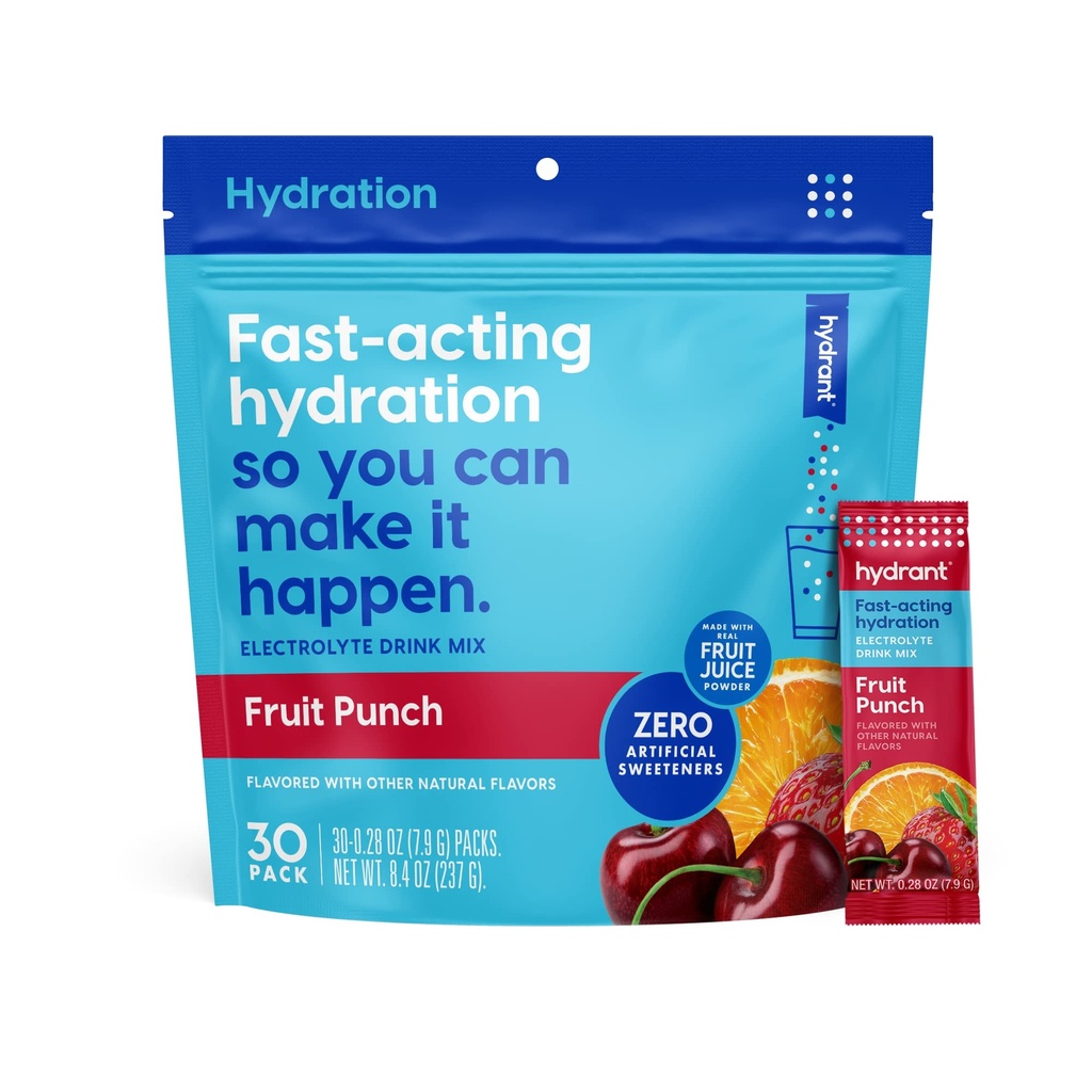 HYDRANT - Hydrationspulver, Fruit Punch Flavor, 30 Individuella Instant Electrolyte Rehydration Packets - Low Sugar Drink Mix för daglig användning, Travel & Workouts