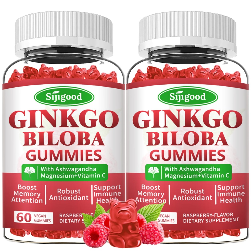 2 pakkaus Ginkgo Biloba Gummies Panax Ginseng ja magnesium, Ginkgo Biloba lisäravinteet Focus, Muisti, ja aivojen terveys aikuisille ja lapsille, Vegaani Vadelma maku Gummies, 120 kreivi