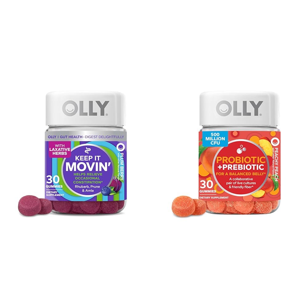 OLLY Constipation Relief Gummies med Rhubarb, Prunes, Amla & Probiotic + Prebiotiska Gummies för Digestive Health, 500 miljoner CFU, 30 Count