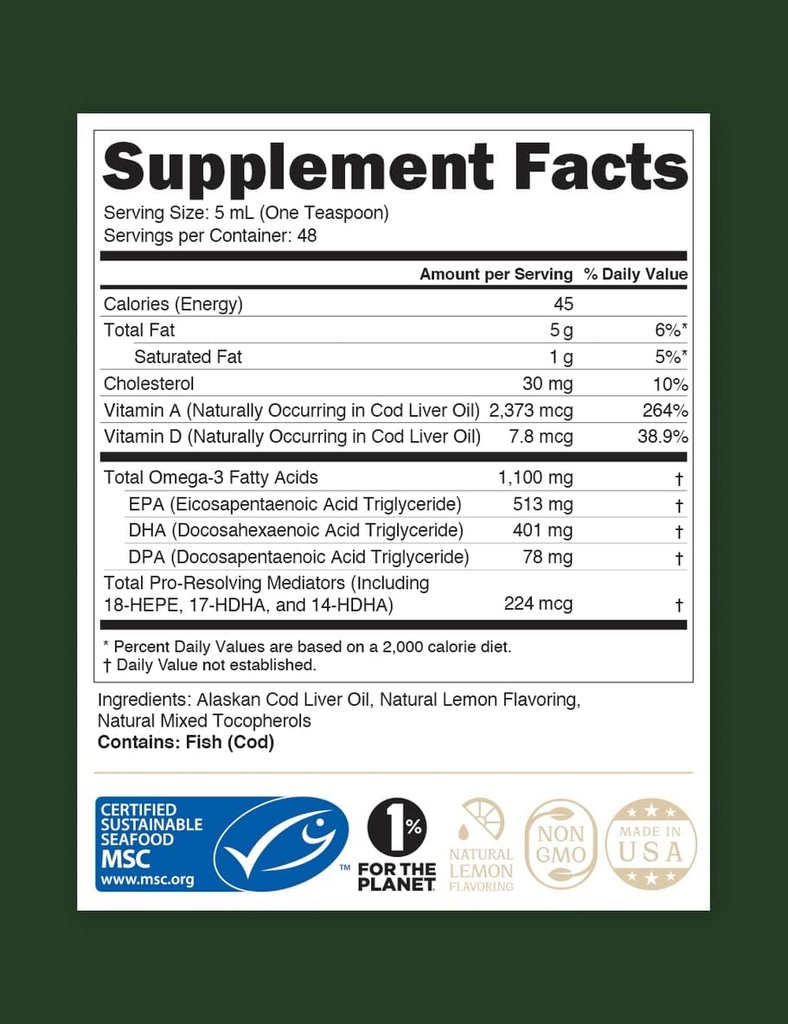 STEWARD - Wild-Caught Alaskan Liquid Cod Liver Oil 8 oz. | Omega-3s EPA, DHA, DPA och SPMs + Natural Vitamins A & D