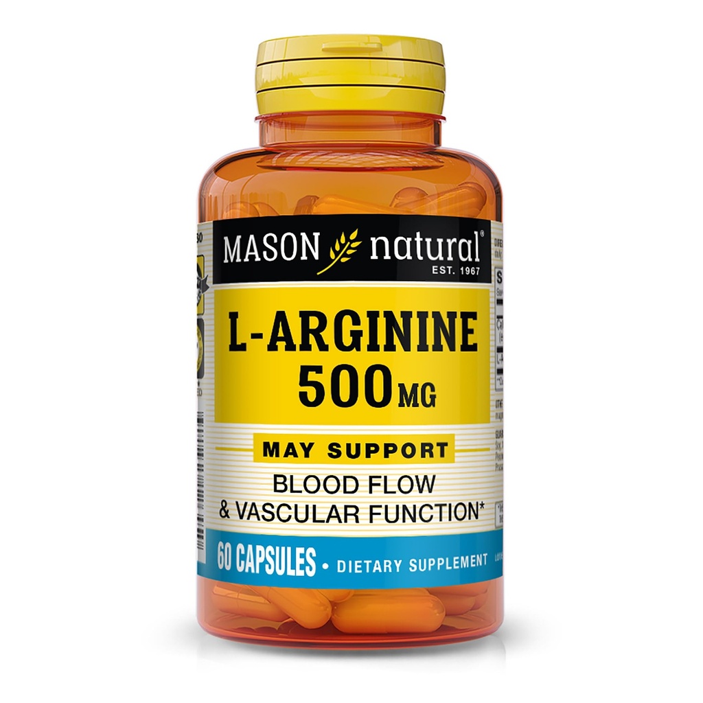MASON NATURAL L-arginiini 500 mg ja kalsium- tukee tervettä verenkiertoa ja verisuonitoimintaa, typpioksidia sisältävä, 60 kapselia