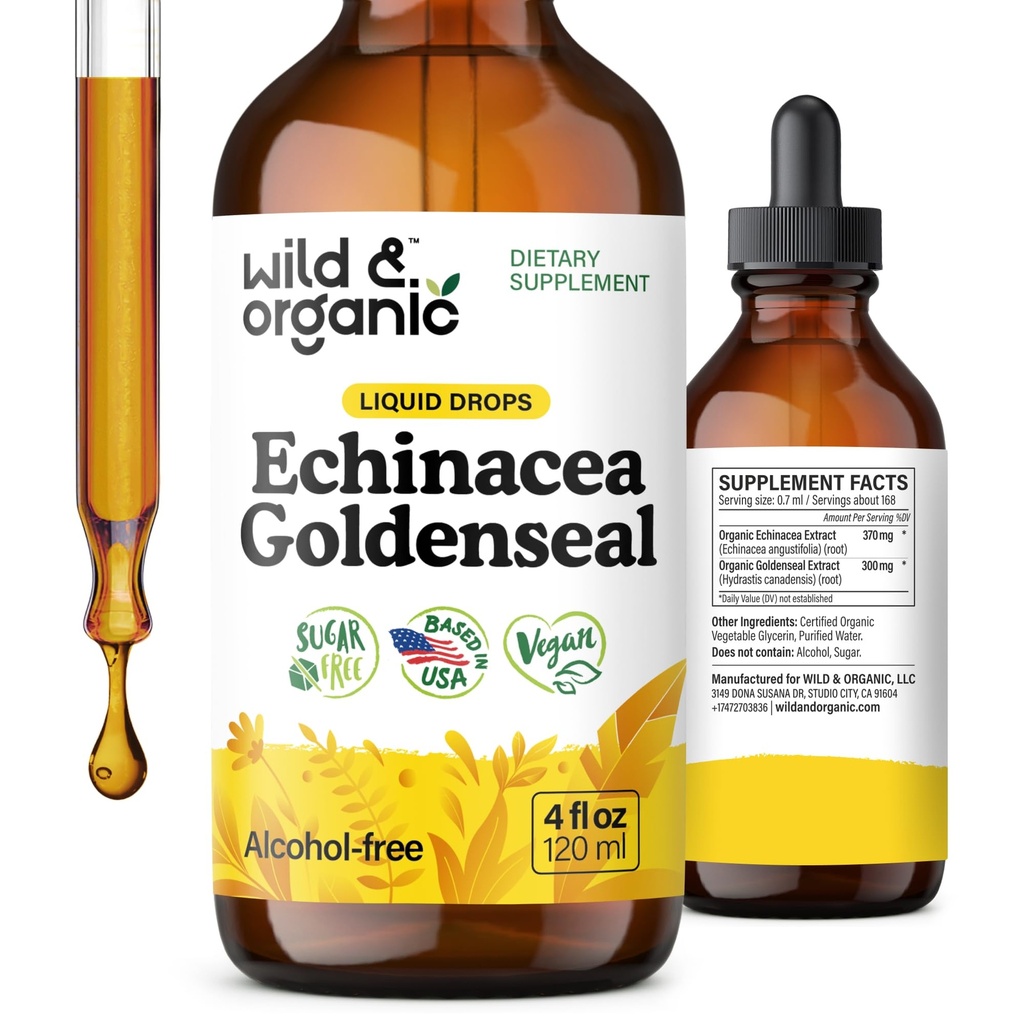 Luonnonvarainen ja orgaaninen Echinacea Goldenseal Tincture - Immunotuki Drops Echinacea ja Goldenseal juuriuute - Vegaani, sokeri ja alkoholiton nestemäinen täydennysosa - 4 fl oz