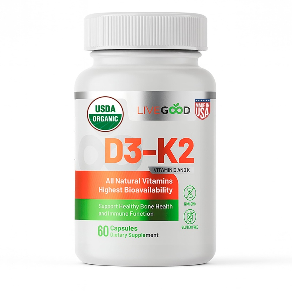 LIVEGOOD Organic D3 K2 Supplement 2000 IU, Vegaanikapselit MK-7, puhdas D3-vitamiini, K2 Immuuni, ja luu tuki valmistettu Yhdysvalloissa Organic D3 K2 Formula (60 kreivi)