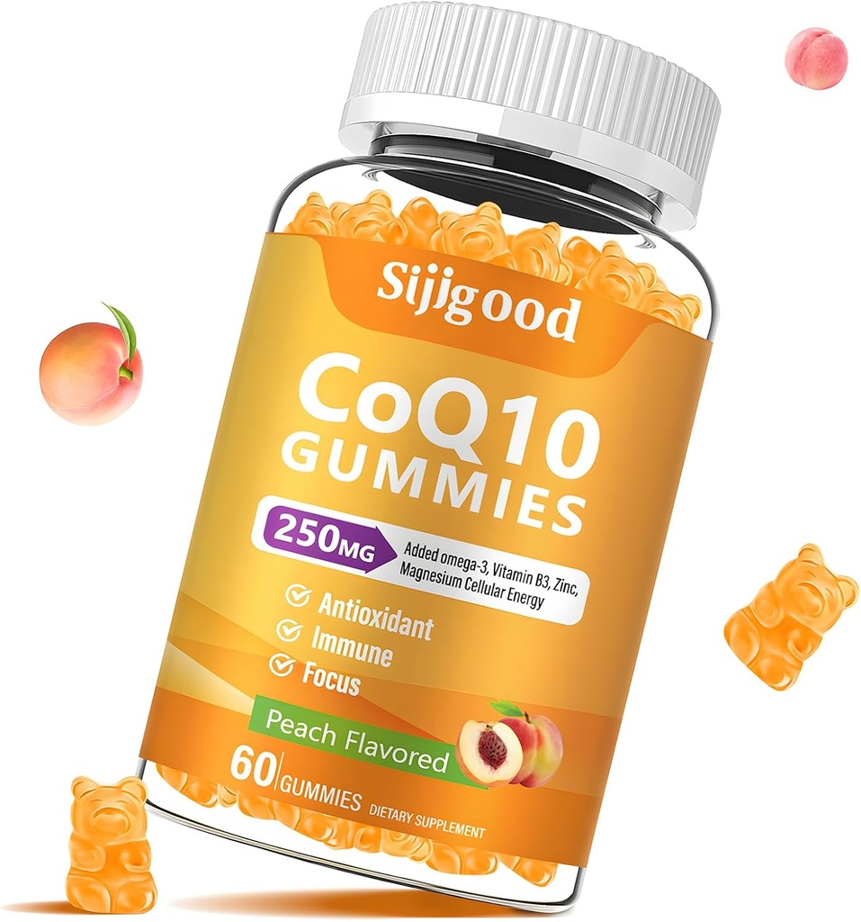 Sugar Free CoQ10 Gummies, Plus Omega-3, Vitamin B3 och Zink, Magnesium, 5X High Absorption Coenzyme Q10 Supplements, q10 Boost Cellular Energy, Potent Antioxidant & Brain, Peach Flavor, 60 Cts