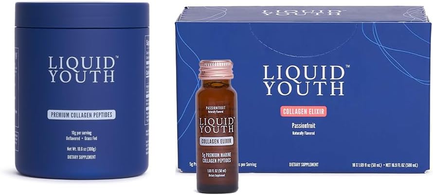 Collagen Peptides Powder & Passion Fruit Liquid Collagen Shots for Women & Men - Tyyppi I & III Premium Grass-syöte Naudan ja Marine Collagen - hiusten kasvua, ihoa, kynsiä, luuta, Joint Health (40 Servings)
