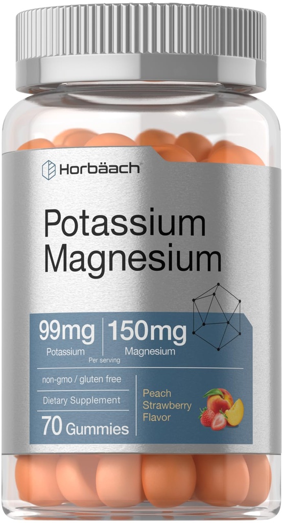 Horbäach Potassium Magnesium Supplement Gummies | Peach Strawberry Flavor | 70 greve | Vegan, icke-GMO och Gluten Free Formel