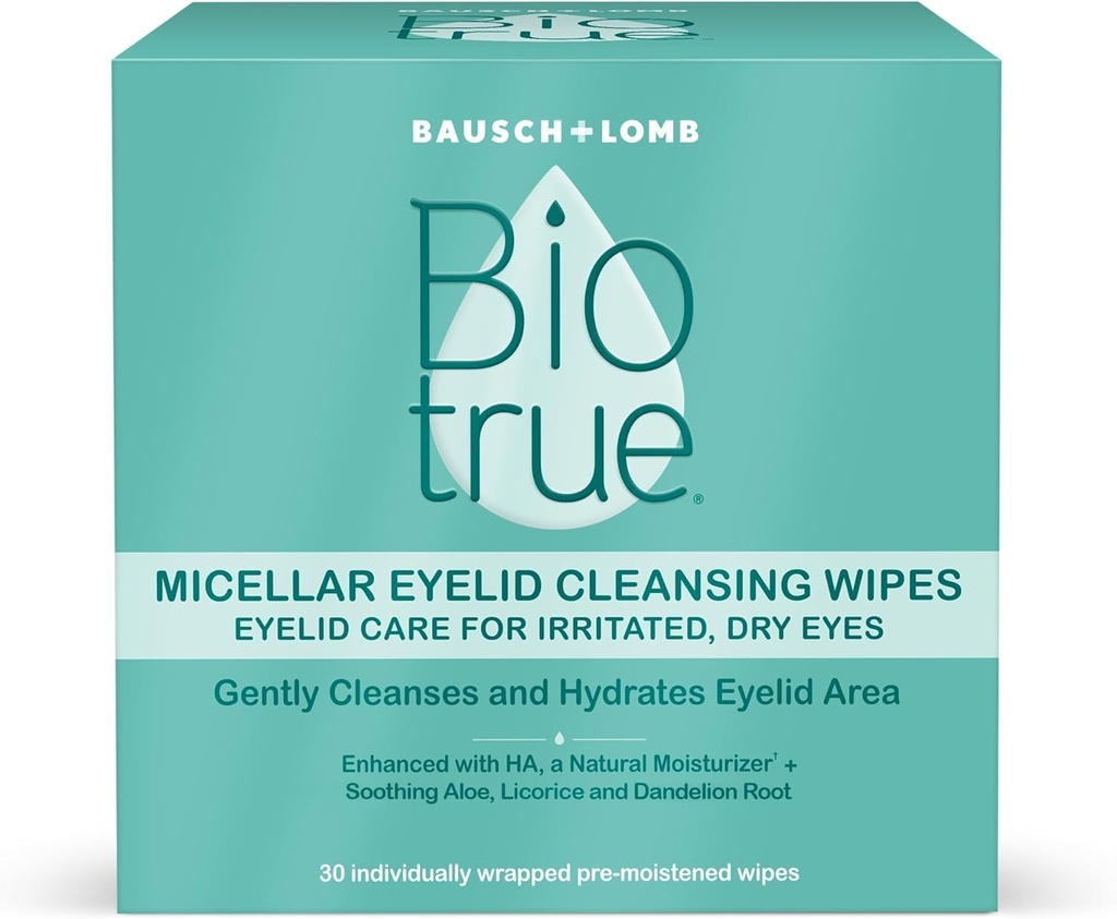 Biotrue Micellar silmäluomen hoito ärtyneille ja kuiville silmille puhdistuspyyhkeet, Bausch + Lomb, Multi, 30 kreivi