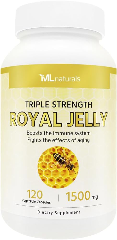 ML Naturals Royal Jelly 1500mg 120 Vihanneskapselit, vastaa 6% (27 mg) 10-HDA. Pakastekuivattu, gluteeniton, NSF- Certified & cGMP- compliant