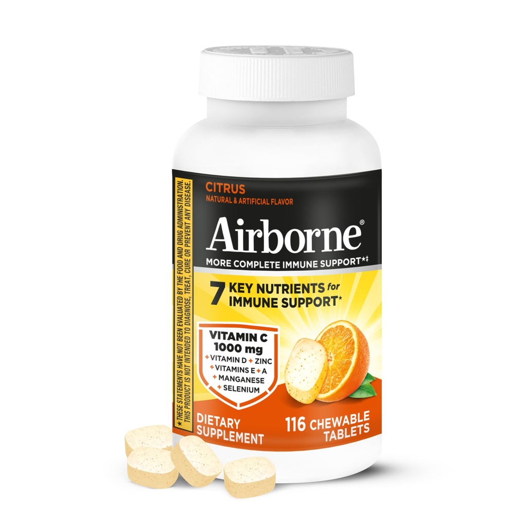 Airborne C-vitamiini 1000 mg (per tarjoilu) - Citrus purutabletit (116 Laske pullo), Gluteeniton immuuni tuki täydentää, vitamiineja A C E, Sinkki, Selenium, Echinacea, Inkivääri, Antioksidantit