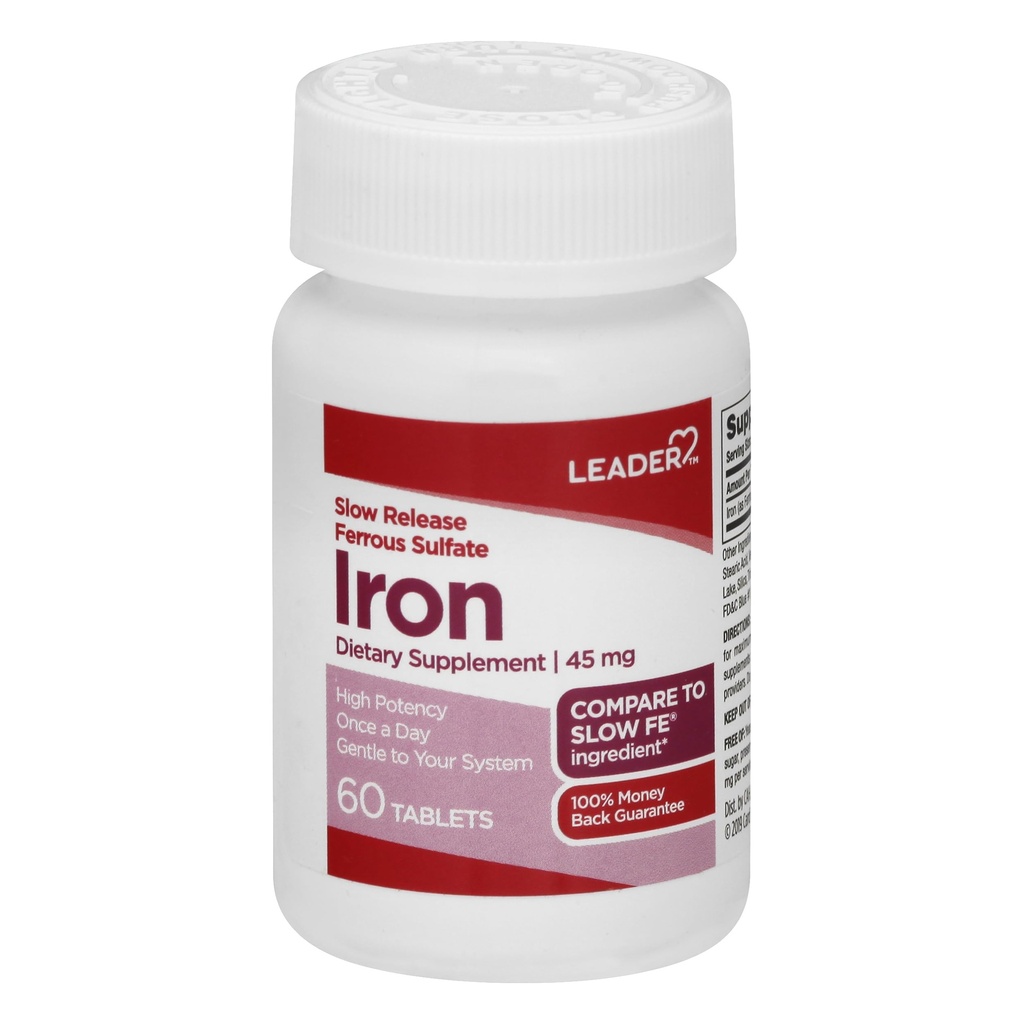 Leader hidas vapauttaa Iron 45MG tabletit 60 Ct. Hellästi vatsa tukee punaisia verisoluja