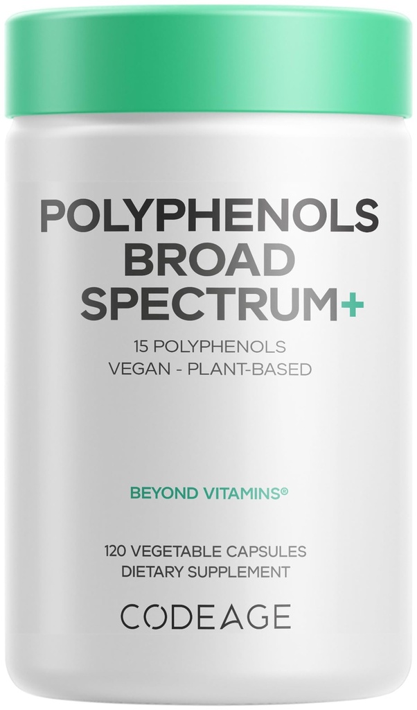 Codeage Polyfenols Bred Spektrum Supplement - Blandning av 15 Bär, Frukt och Botaniska Extrakt, Decaf Green Tea Leaf, Quercetin, Resveratrol, Pomegranat, Turmeric - Non-GMO - 120 kapslar