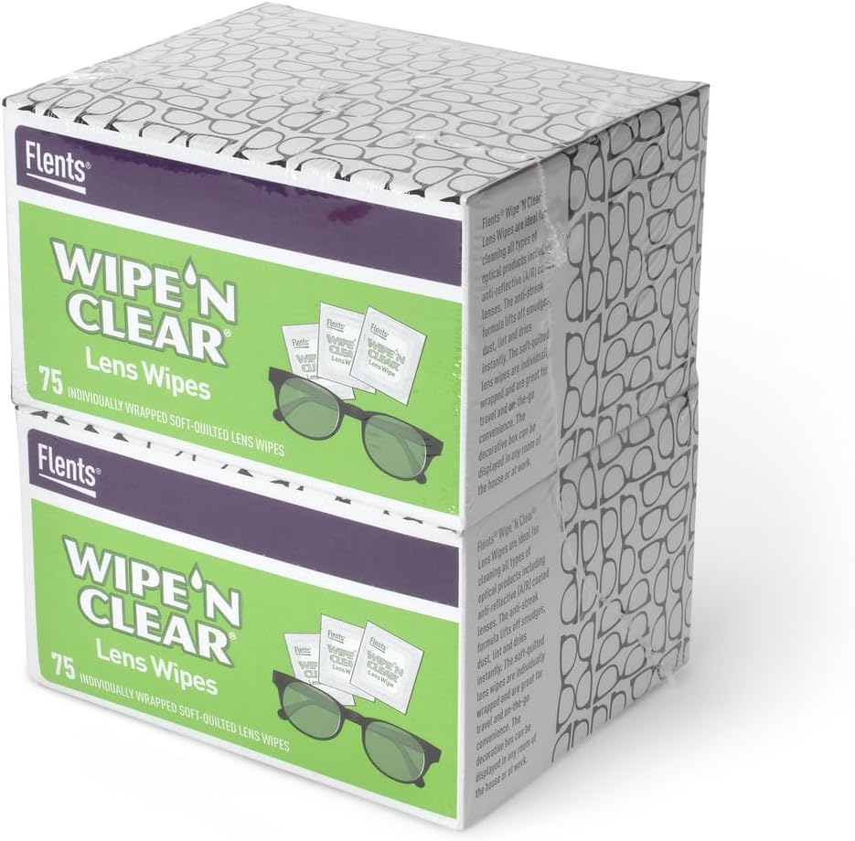 Flent Lens Wipes, Pyyhi 'N Clear, 150 Count, Pre-Moisted, Streak-free, turvallinen lasit, aurinkolasit, Hellävarainen puhdistus, selkeä visio, henkilökohtaisesti kääritty matka & Convenience, valmistettu Yhdysvalloissa