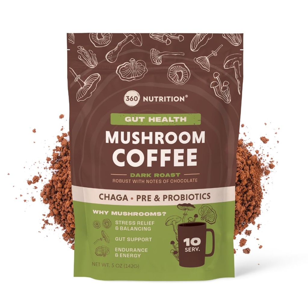360 Nutrition Instant Mushroom Coffee med Chaga Superfood Mushroom och Prebiotika, Probiotika för Gut Health och Focus Support | Dark Roast, No Added Sugar 5 oz (Gut Blend)