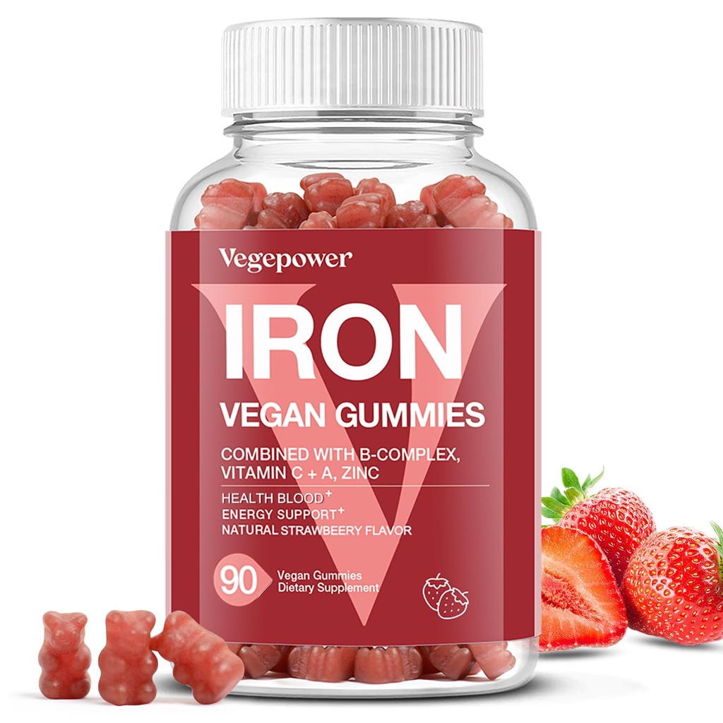 Rauta Gummies lisäravinteet naisille ja lapsille - Multivitamiini C-vitamiini energiatukea, suuri maistaminen Rauta Gummy vitamiinit C-vitamiinia Max Imeytyminen - Vegaani, mansikka 90 Count
