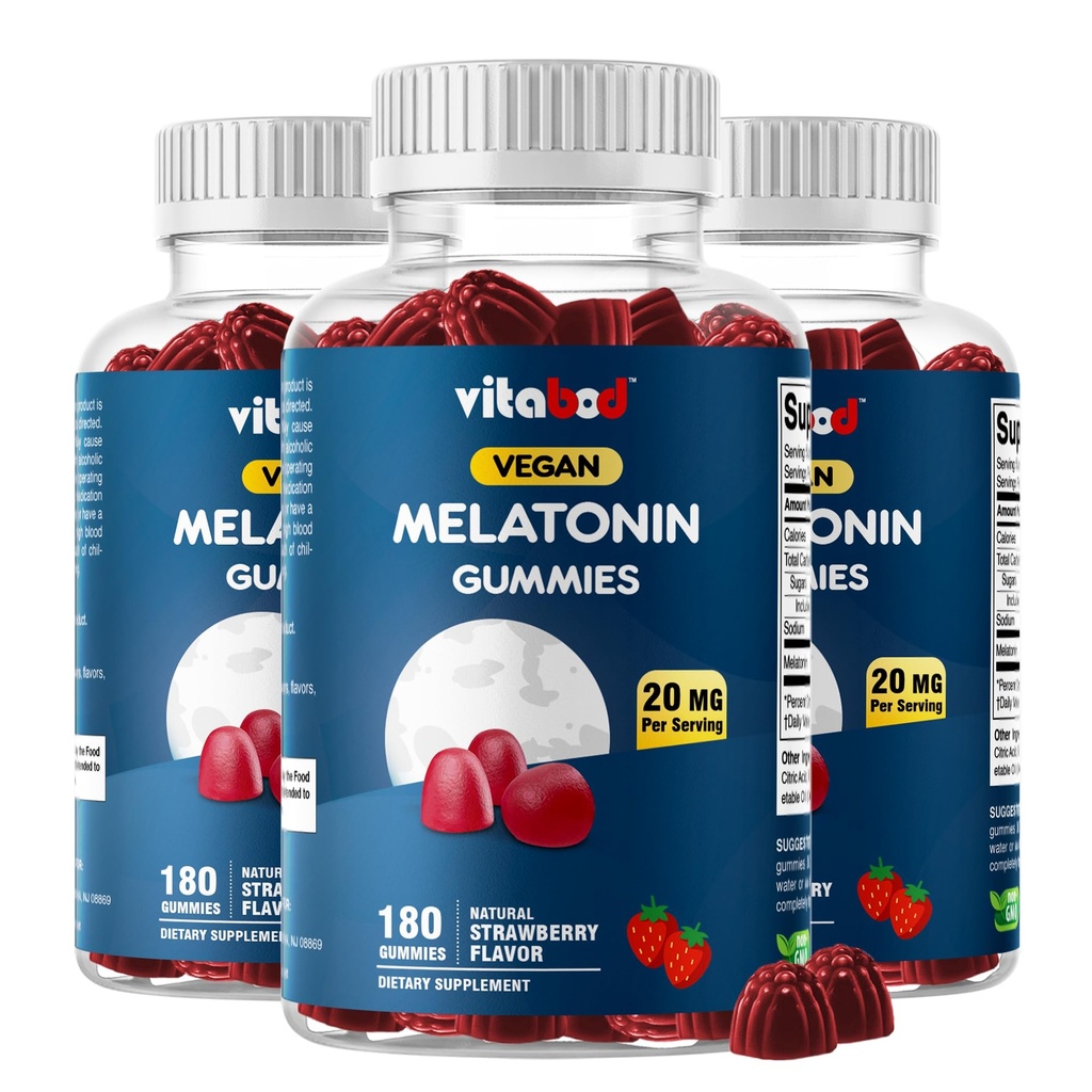 Melatoniini 20mg Gummies - 180 Count - Drug Free - Natural Mansikka maku - Kasvissyöjä, ei-GMO, Gluteenittomat (3 pullot)
