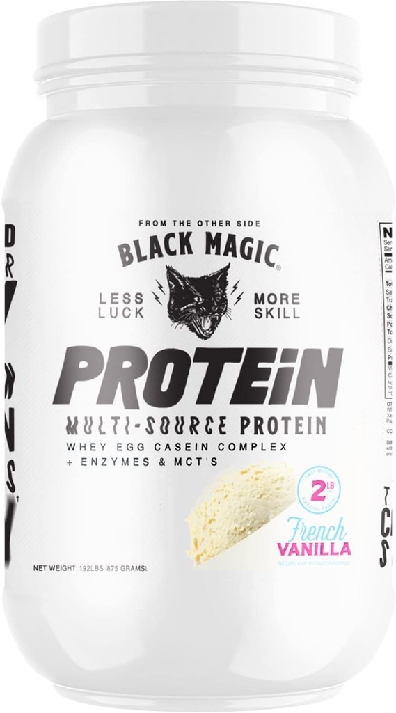 Black Magic Multi-Source Protein - Whey, Casein, Entsyymit, & MCTs - Pre Post Treout - Keto, Low Sugar, Gluteeniton - Ranskalainen vanilja - 24g proteiini - 2 LB