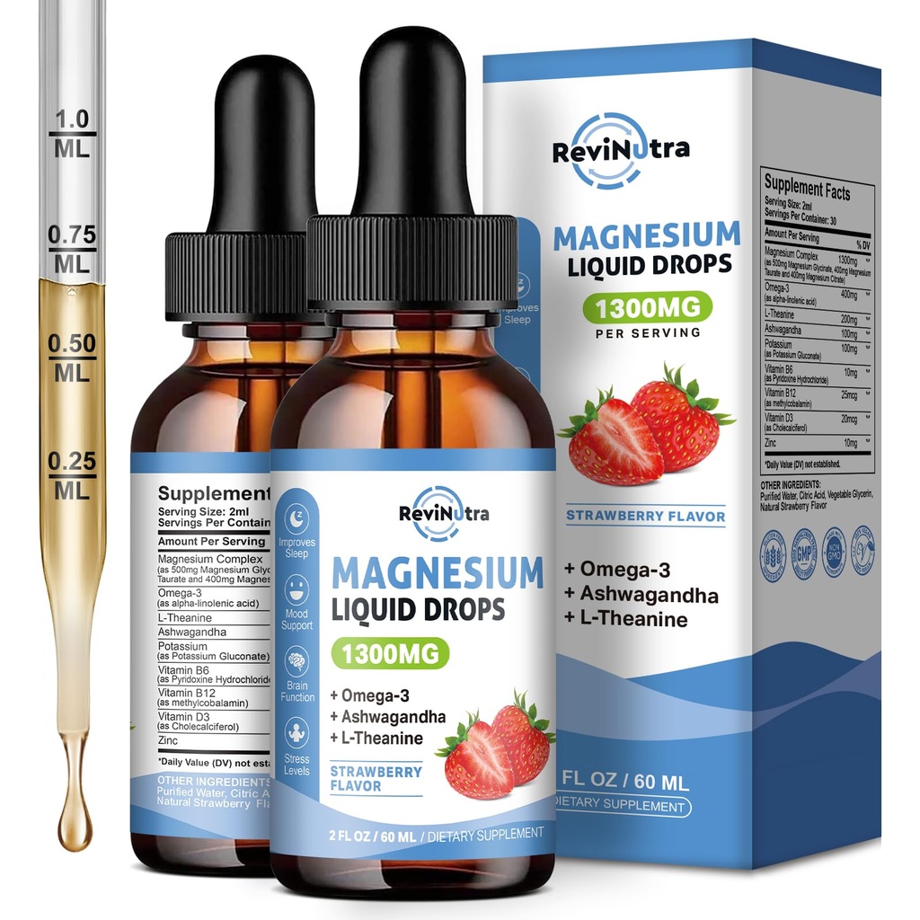 2 Pakkaus Liquid Magnesium Glycinate Drops Taurate & Citrate, rauhallinen magnesium Omega3, L-Theanine, Kalium, Ashwagandha, Vitamiinia uneen, Lihas, Immuuniterveys, sokerivapaa mansikka maku