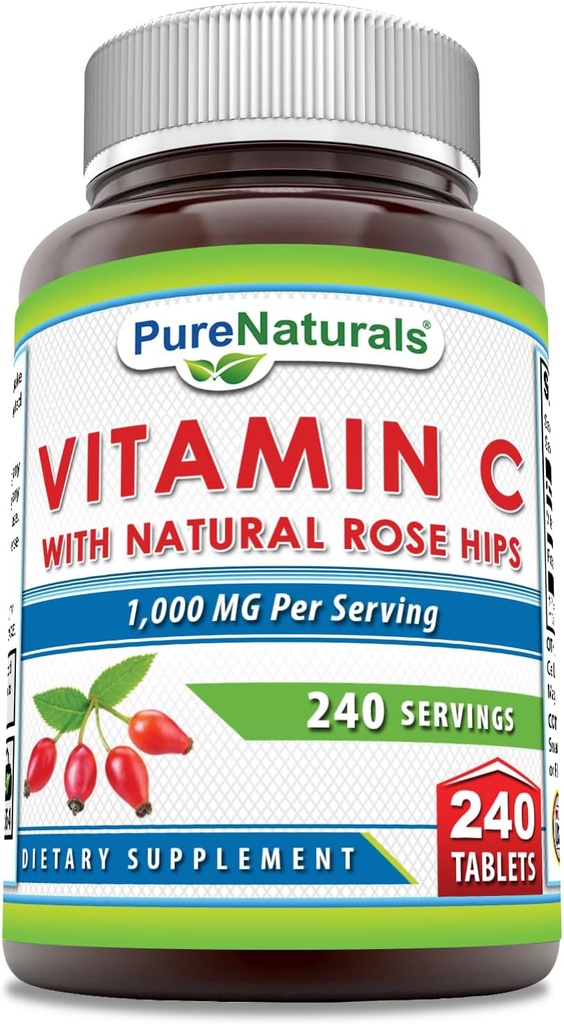 Rena naturvitamin C med Rose HIPS 1000 mg Per portioner | 240 tabletter tillskott | Icke-GMO | Glutenfri | Tillverkad i USA