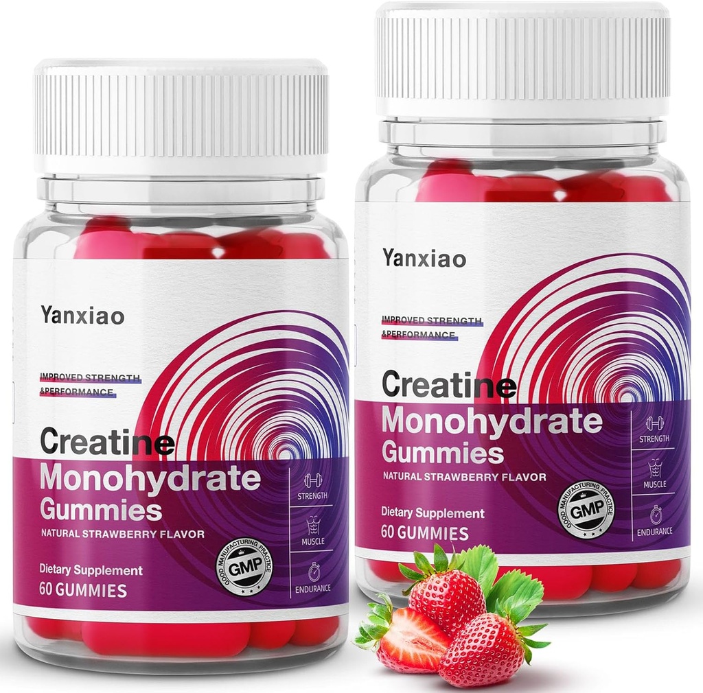 Yanxiao Creatine Monohydrate Gummies 5g för Män & Kvinnor, Anti-Melting Formel, Sugar Free Creatine Chews för muskeltillväxt och styrka, innehåller vitamin C och andra näringsämnen (120 greve)