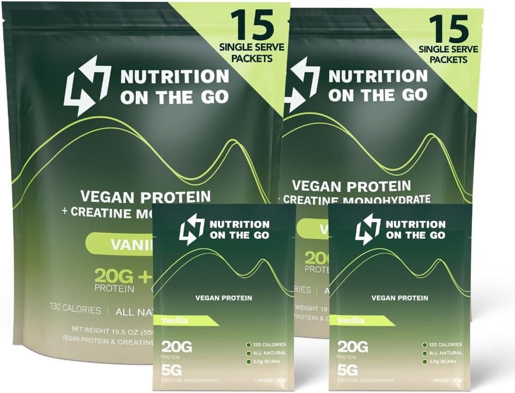 Nutrition On The Go Vegan Protein Powder Packetit Creatiini 20g Kasviproteiinit + 5g Creatiini Single-Serve Travel Protein Powder 