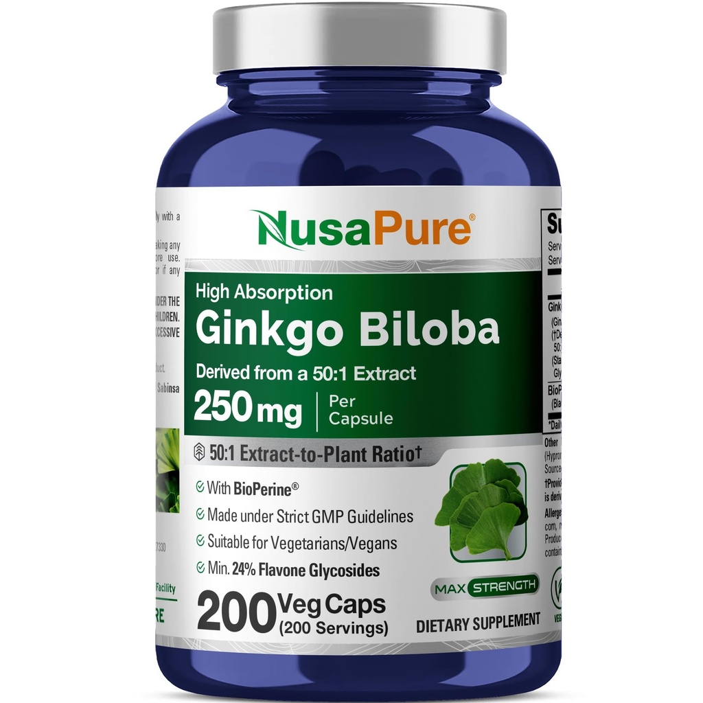 NusaPure Ginkgo Biloba 50:1 uute, 250 mg vastaten 12 500 mg per kasviskapseli 200 kapselia (kasvissyöjä, ei-GMO, Vegan) Bioperiini
