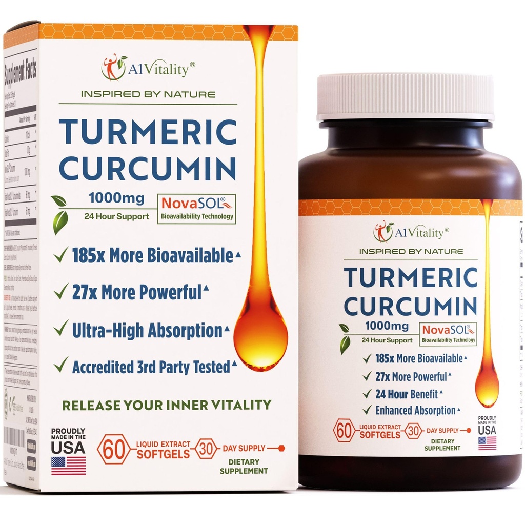 A1Vitality NovaSOL Turmeric Curcumin 1000mg ... Kliinisesti todistettu 185x Korkeampi imeytyminen... Edistää yhteistä mukavuutta, liikkuvuutta ja yleistä hyvinvointia.