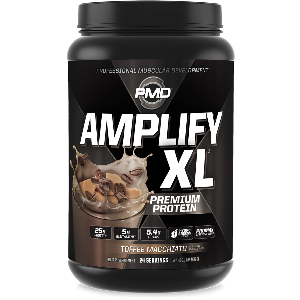 PMD Sports Amplify XL Premium Whey Protein Supplement Hydro Greens Blend - Glutamin och Whey Protein Matrix med Superfood för muskel, styrka och återhämtning - Toffee Macchiato (24 portioner)