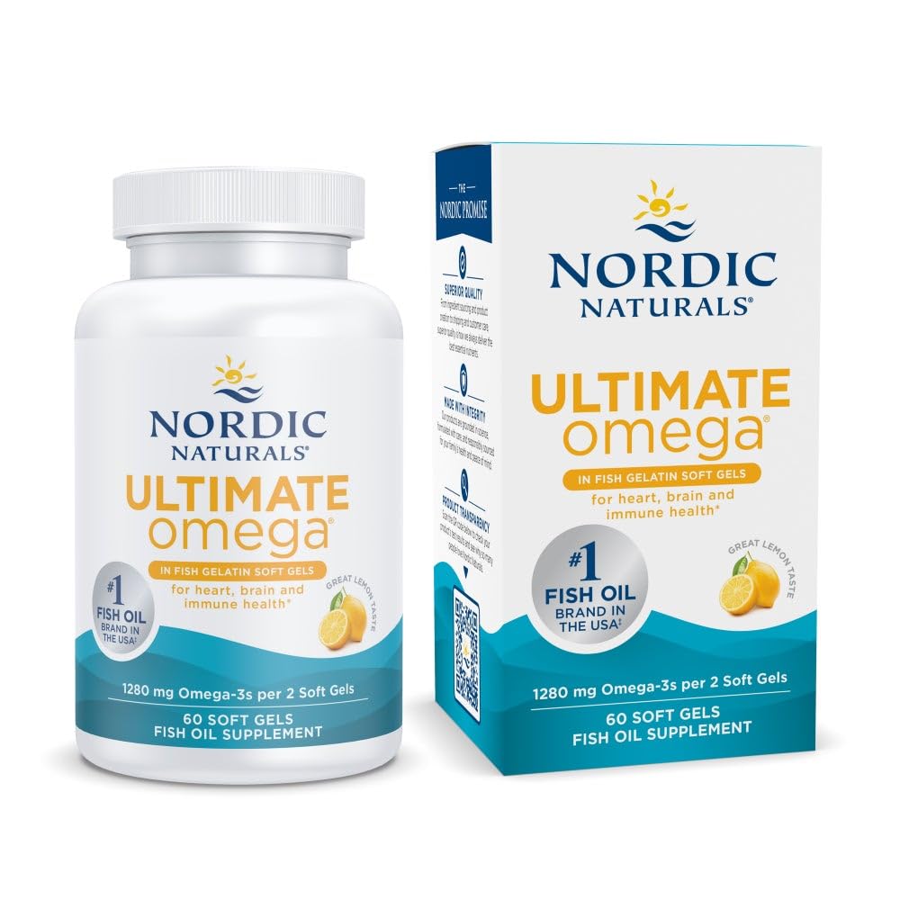 Nordic Naturals Ultimate Omega in Fish Gelate, Lemon Flavor - 60 Soft Gels - 1280 mg Omega-3 - High-Potency Fish Oil Supplement - EPA & DHA - Promotes Brain & Heart Health - non-GMO - 30 Servings