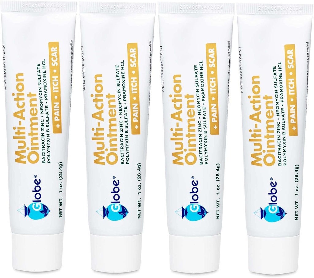 Globe (4 Pack) Första hjälpen Antibiotisk Scar Minimizing Pain-Relief, Anti-Itch Ointment med Neomycin, Bacitracin Zinc, Pramoxine HCl & Polymyxin B, för Minor Cuts, Scrapes & Burns