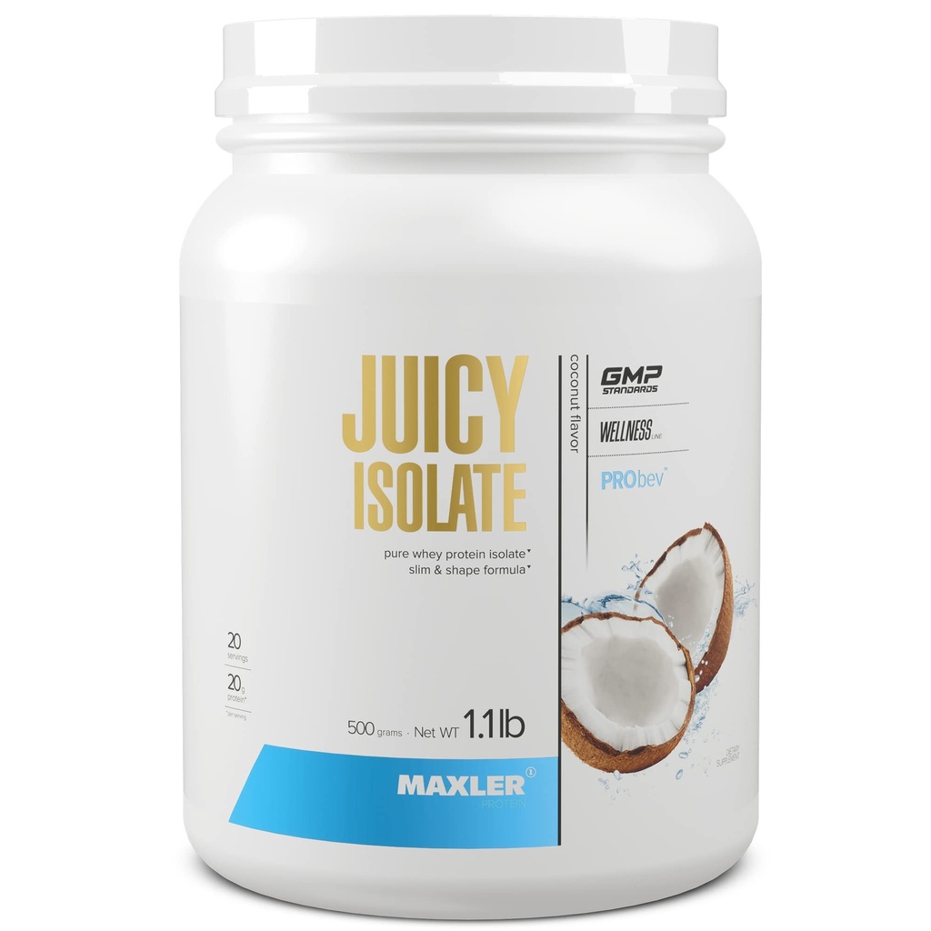 Maxler Juicy Isolate Protein Powder - Clear Whey Isolate - Alhainen Laktoosi, Rasvaton, Sokeriton Lihas Recovery Drink for Pre & Post Harjoitus - 90% proteiinia per tarjoilu - Coconut 1,1 lb (20 Servings)