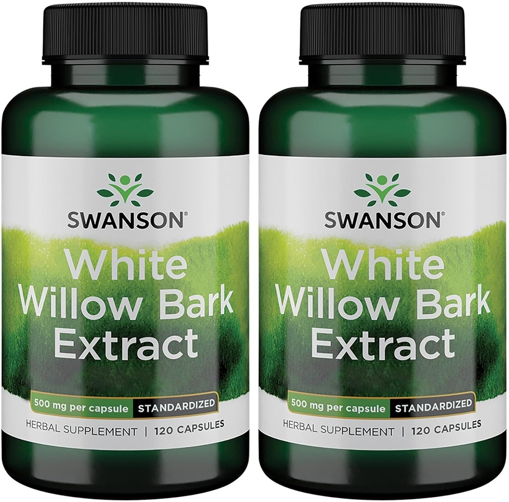 Swanson White Willow Bark Extract - Främjar gemensamt stöd och muskelavlastning - Standardiserad till 15% Salicin - Naturligt tillskott med ingen mage irritation - (120 kapslar, 500 mg vardera) (2 Pack)