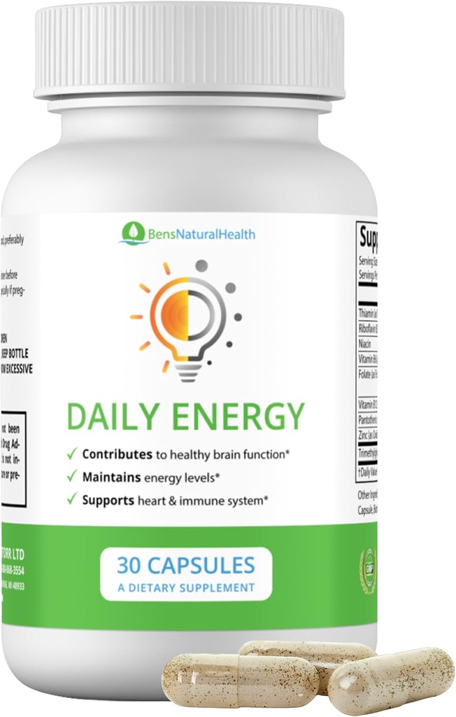 Benin Natural Health Daily Energy B-Vitamin Complex, jossa on TMG ja Sinkki luonnonenergiaan, stressiin, Focus & Immuunitukeen, 30 kapselia