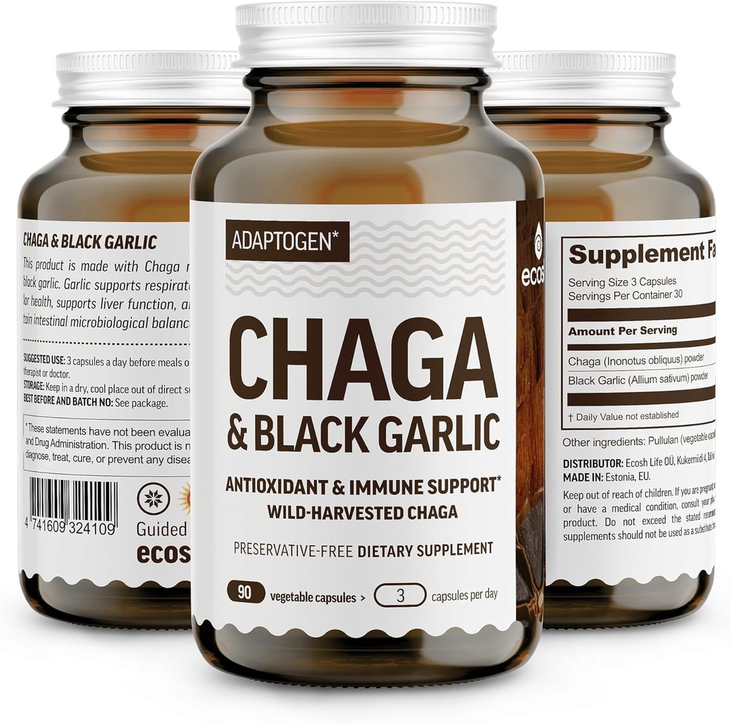 100% Real Wild Chaga Mushroom & Aged Black Garlic Powder Capsules - Antioxidant & Immune Support Supplement | Nordic Forest Chaga Mushrooms med svart vitlök | No Fillers | 1500mg kapslar | 90 ct