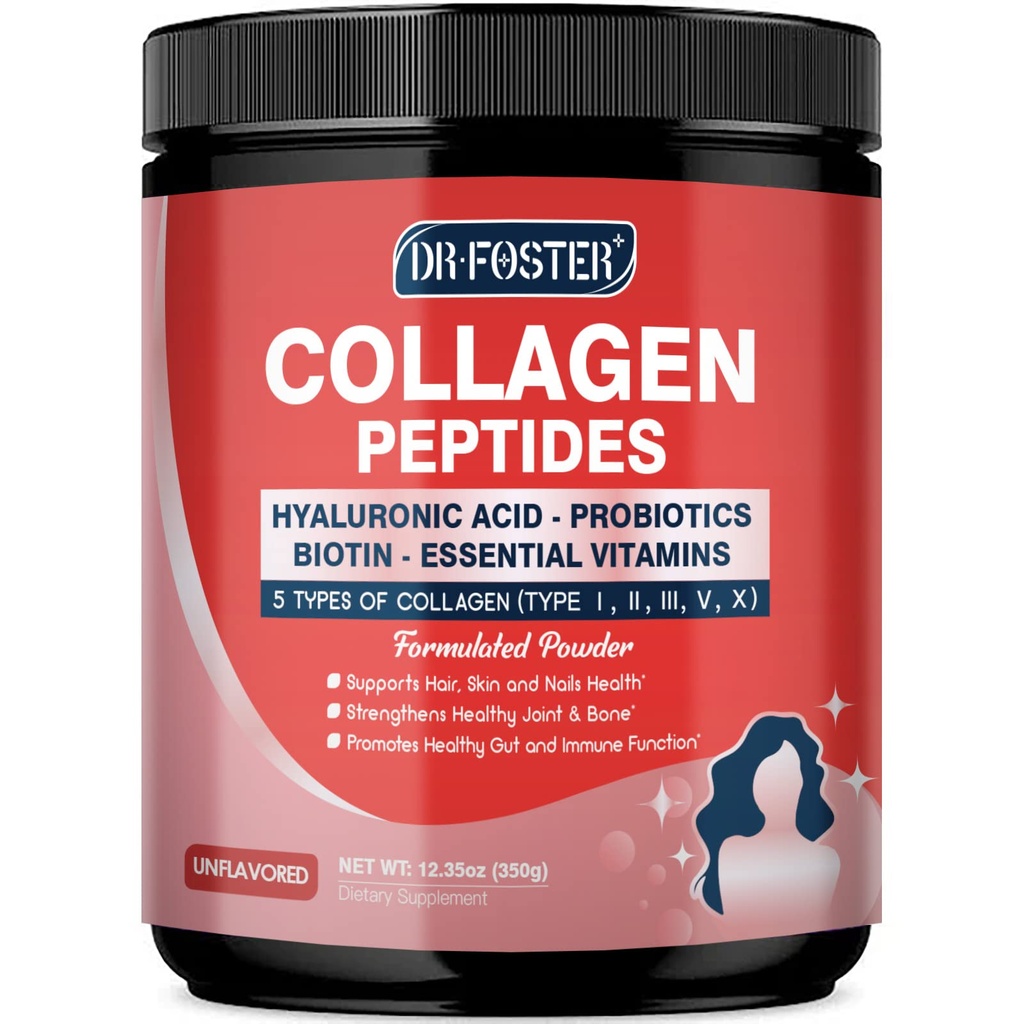 Multi Collagen Peptides Powder with Probiootit - tyyppi I III V X - Hydrolysed Collagen Peptides with Multivitamiinit, Hyaluronic Acid & Biotin - Tuki ihon hiukset nivelet & Gut, 35 Servings