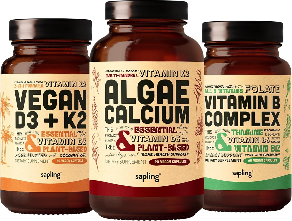 Algae Calcium & Vegan D3 + K2 & Vitamiini B Complex Bundle - Kalsium Supplement from Red Algae, 4000 IU D3-vitamiini ja 100 mcg K2-vitamiinit