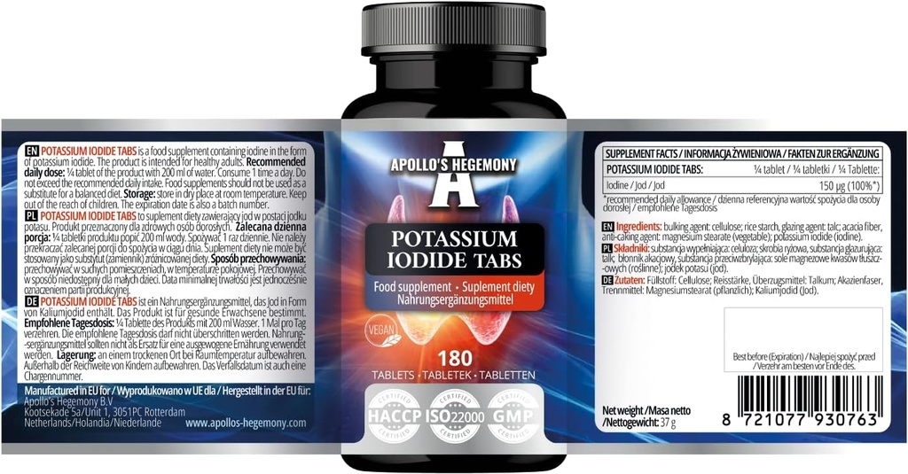 Kaliumjodid 150 mcg per portion - 180 Vegan tabletter - 720 portioner - för optimal körtelfunktion och energimetabolism - Kosttillskott av Apollo Hegemony