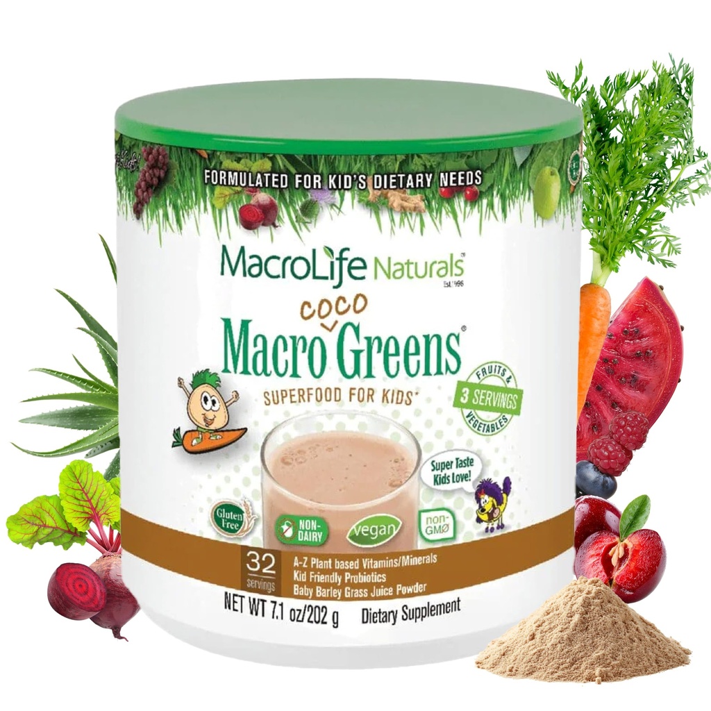 MacroLife Naturals MacroCoco Greens Chocolate Superfood Powder för barn Raw Fruits Veggies Probiotics & Digestive Enzymes, Immunity Energy, Non-GMO, Vegan, Gluten, Dairy Free - 7oz (32 portioner)