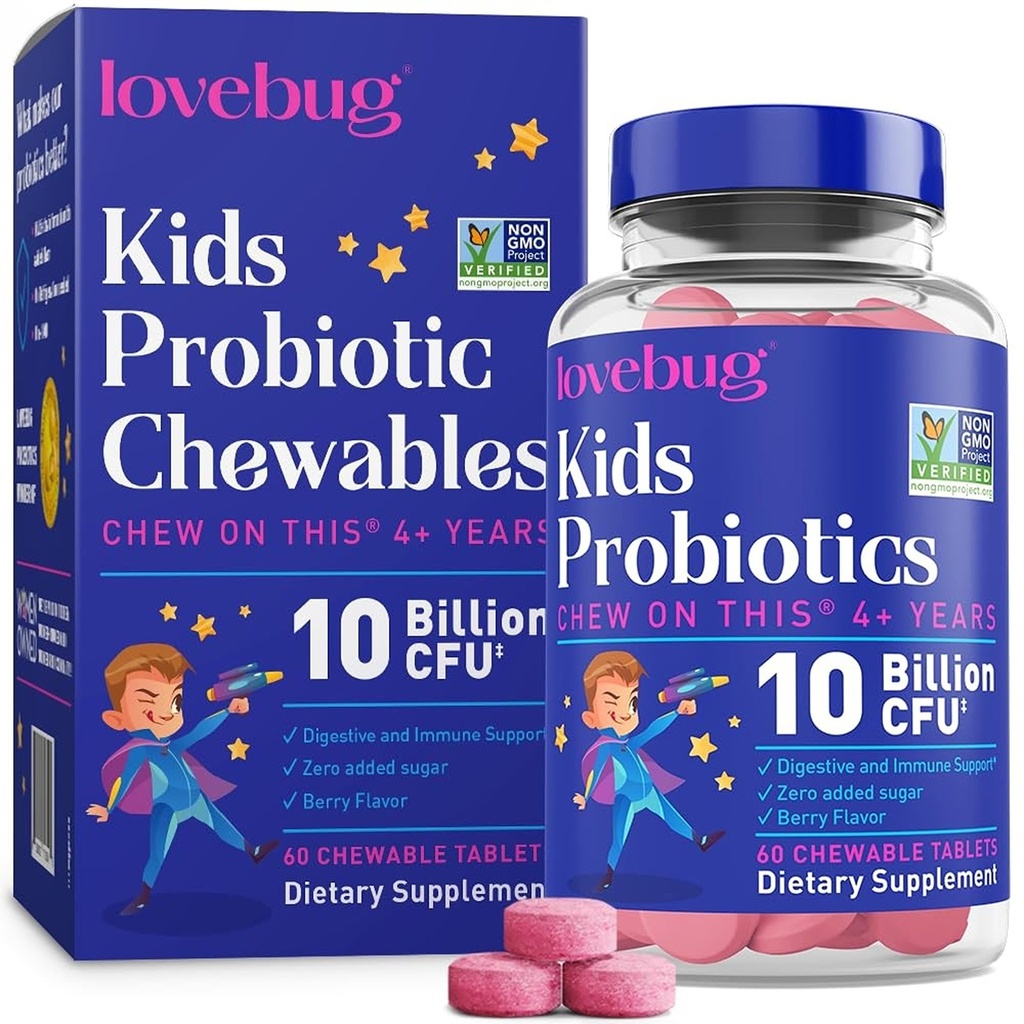 LOVEBUG Probiootit lapsille Probiootit Chewables prebioottikuitua ikä 4+,Daily Lasten Gut Health & Dgestive Support Supplement, sokeriton marja maku 60