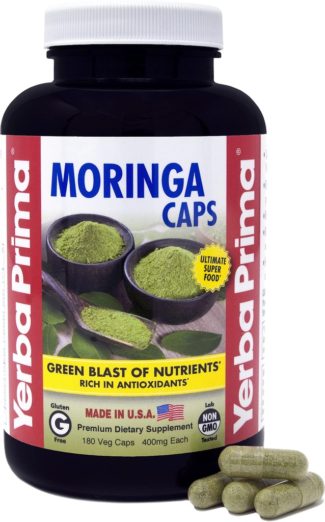 Yerba Prima Moringa, 180 Count Veg Caps - 400 mg puhdasta, kuivattua Leaf Powder, Vihreä Blast ravintoaineiden, Rich antioksidantteja, 100% puhdasta, Super Food, ei-GMO, Vegaani Friendly, Gluteenittomat, USA Made