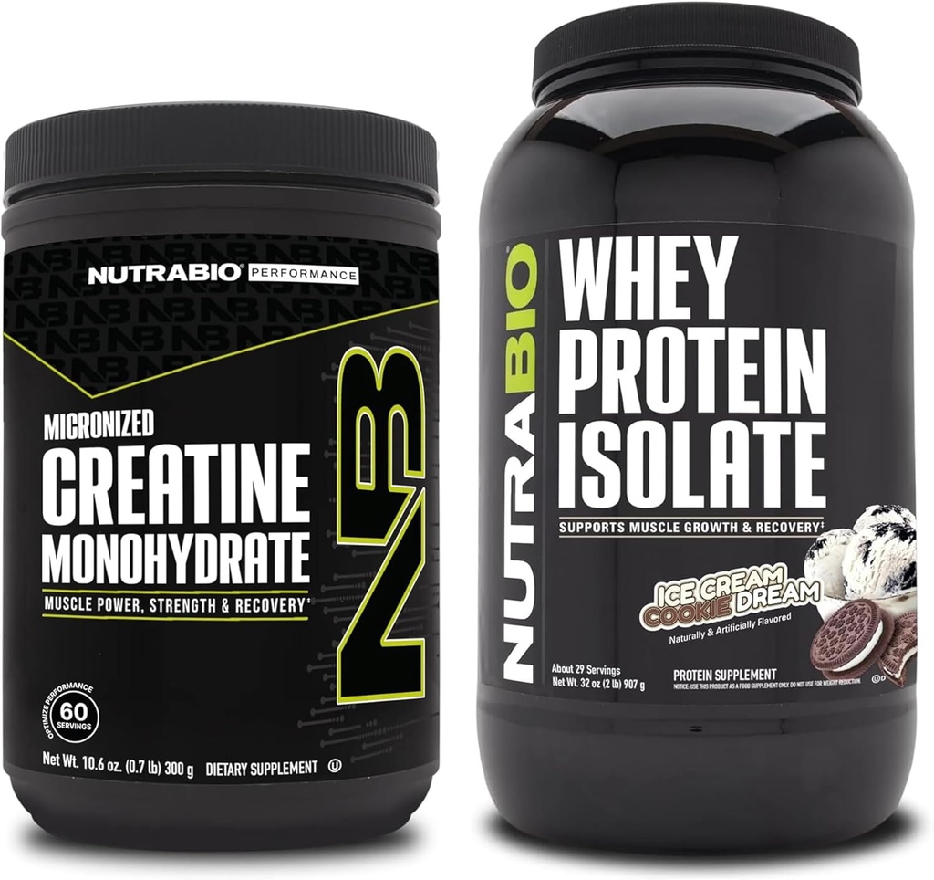 NutraBio Creatiini Monohydraatti, Mautonta, 300g ja Whey Protein Isolate, Ice Cream Cookie Dream, täydennysosa Bundle - Lihasenergia, Lean lihasten kasvu, elpyminen, ja vahvuus