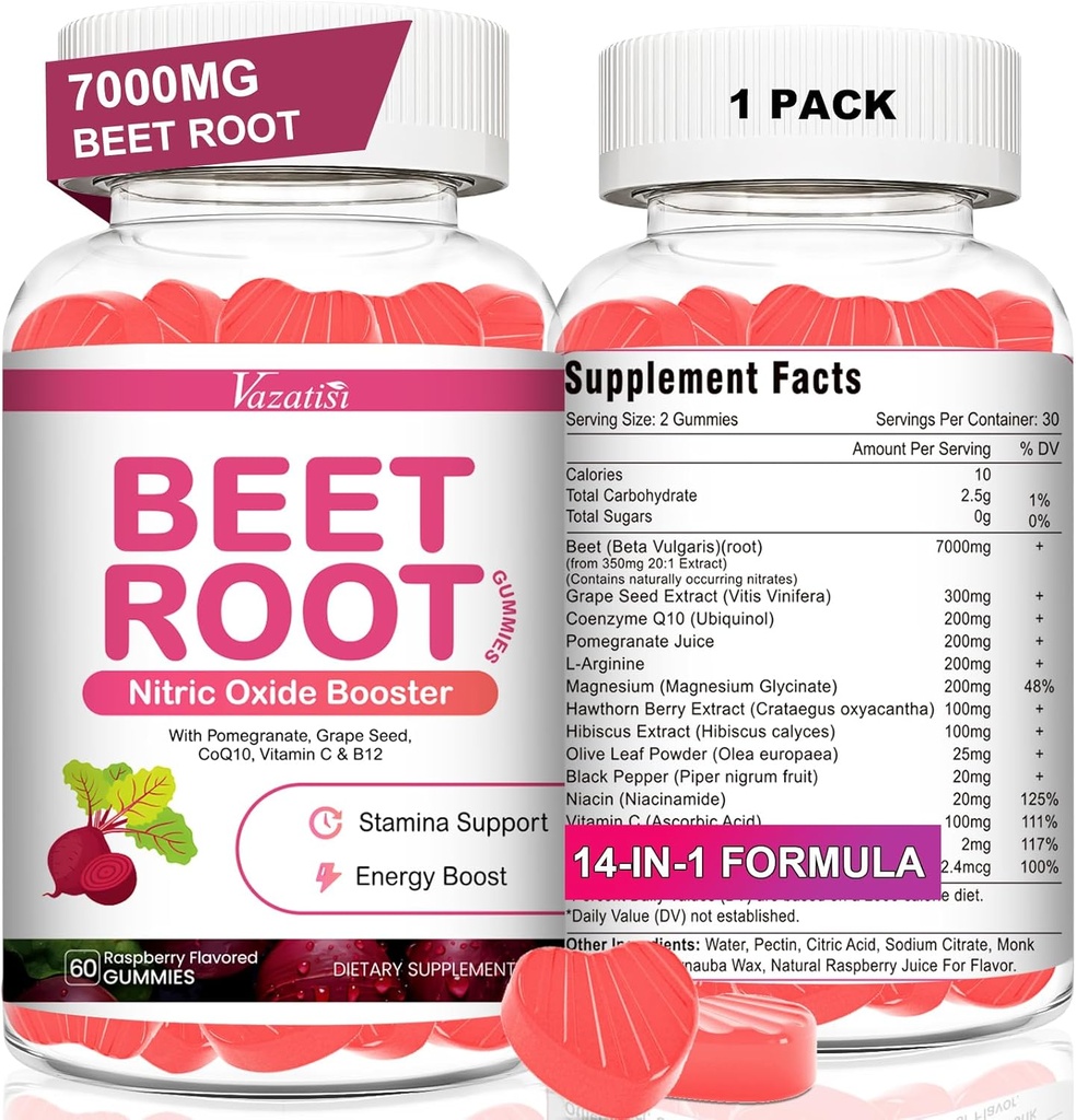 Beetajuuri Gummies - Typpioksidi Beet Gummies for Circulation Support, Typpioksidin tuotanto - rypälesiemenet, Hawthorn Berry, Hibiscus, Organic, Ei-GMO, 60 Gummies