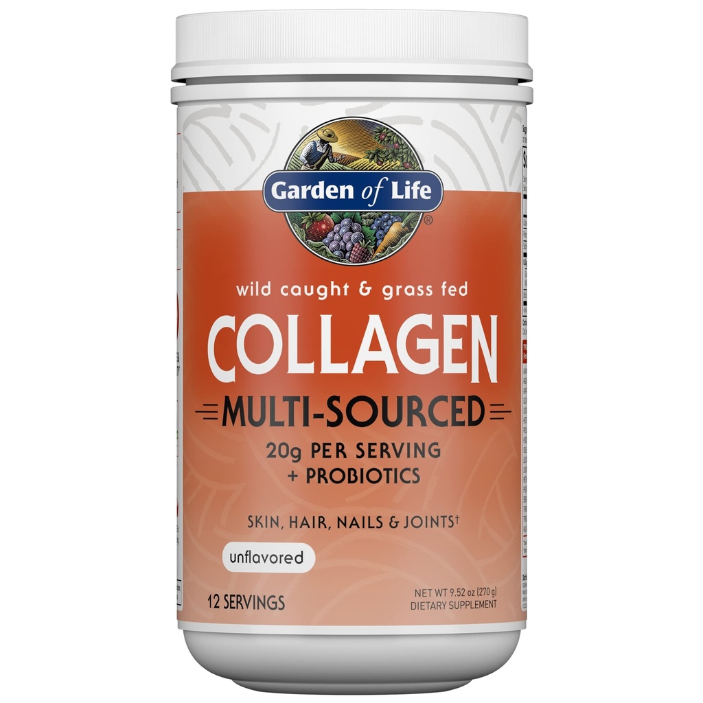 Puutarha Life Marine & Grass-Fed Collagen Peptides Powder Supplement (tyyppi I, III) Probiootit & BCAAs liikkuvuus, yhteinen terveys, hiukset, iho & kynnet - makuamaton, 20g per tarjoilu, 12 tarjoilua