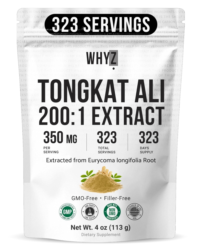 WHYZ Tongkat Ali Powder 113g, Pure Longjack 200:1 Extract Eurycoma Longifolia Supplement Powder för ökad fysisk prestation och välbefinnande, Longjack Tongkat Ali för män och kvinnor, 323 portioner