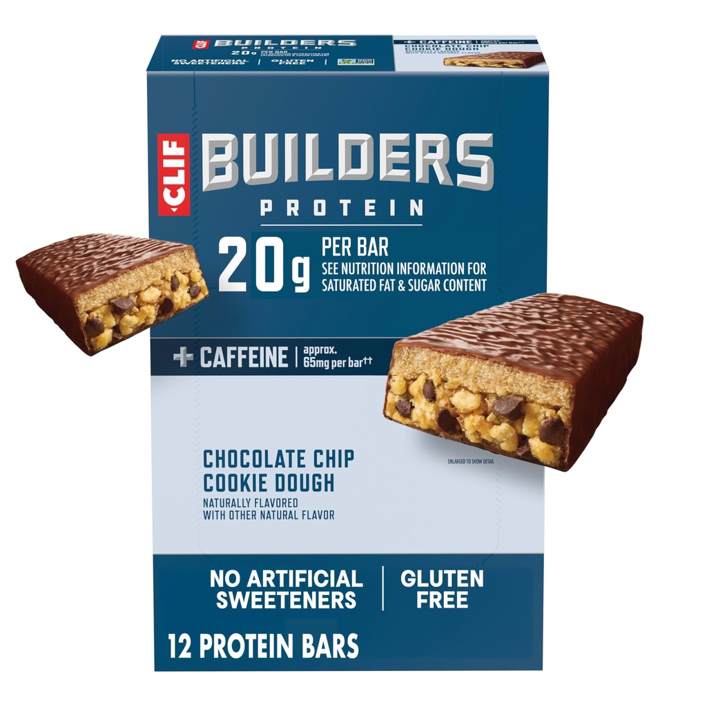 CLIF Builders + kofeiini proteiinipatukat - suklaa Chip Cookie Dough Flavor - 20g Kasvipohjainen proteiini - gluteeniton - ei-GMO - alhainen Glycemic - Ei keinotekoisia makeuttajia - 2.4 oz. (12 pakkaus)